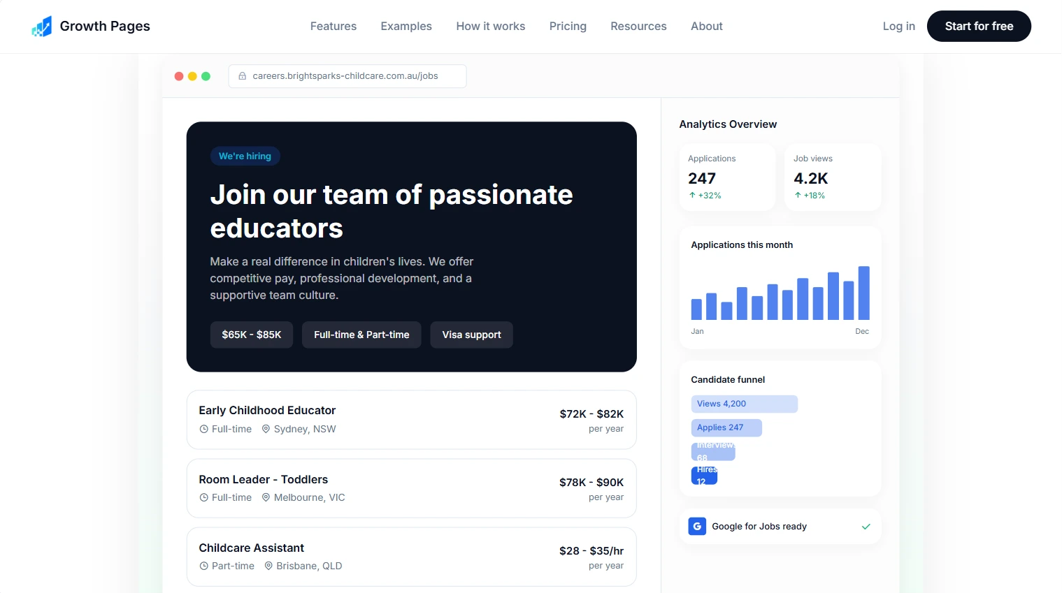 Growth Pages product preview — childcare recruitment page builder